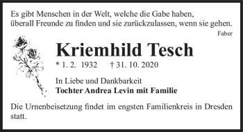 Traueranzeige von Kriemhild Tesch  von Magdeburger Volksstimme