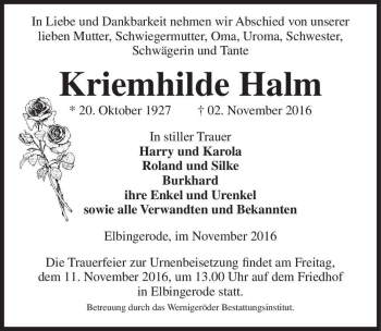 Traueranzeige von Kriemhilde Halm  von Magdeburger Volksstimme