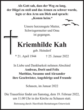 Traueranzeige von Kriemhilde Kah (geb. Heindorf)  von Magdeburger Volksstimme