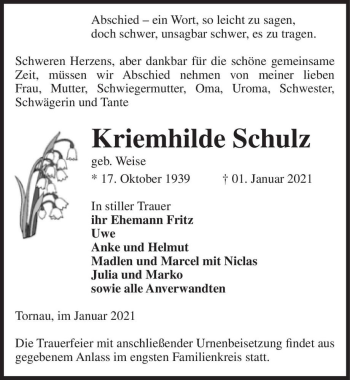 Traueranzeige von Kriemhilde Schulz (geb. Weise)  von Magdeburger Volksstimme