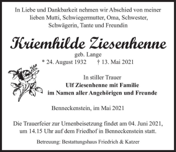 Traueranzeige von Kriemhilde Ziesenhenne (geb. Lange)  von Magdeburger Volksstimme