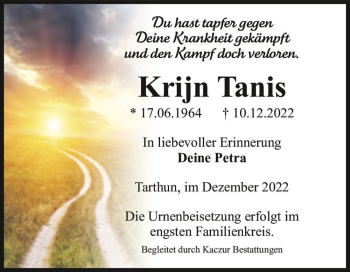 Traueranzeige von Krijn Tanis  von Magdeburger Volksstimme