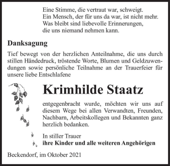 Traueranzeige von Krimhilde Staatz  von Magdeburger Volksstimme