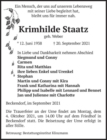 Traueranzeige von Krimhilde Staatz (geb. Weber)  von Magdeburger Volksstimme