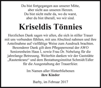 Traueranzeige von Kriseldis Tönnies  von Magdeburger Volksstimme