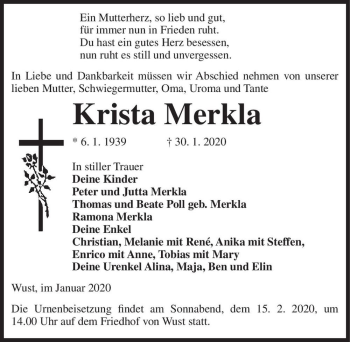Traueranzeige von Krista Merkla  von Magdeburger Volksstimme