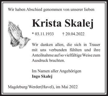 Traueranzeige von Krista Skalej  von Magdeburger Volksstimme