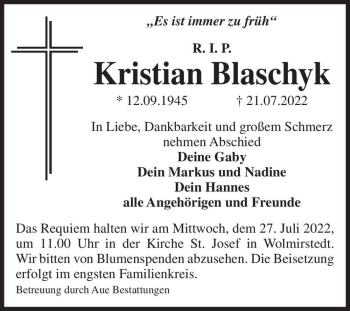 Traueranzeige von Kristian Blaschyk  von Magdeburger Volksstimme