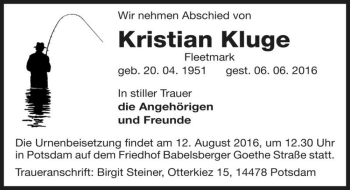 Traueranzeige von Kristian Kluge  von Magdeburger Volksstimme
