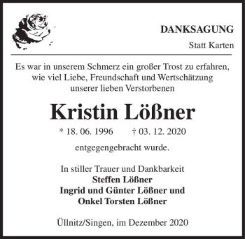 Traueranzeige von Kristin Lößner  von Magdeburger Volksstimme
