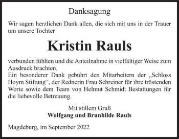Traueranzeige von Kristin Rauls  von Magdeburger Volksstimme