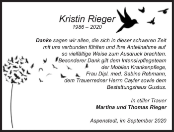 Traueranzeige von Kristin Rieger  von Magdeburger Volksstimme