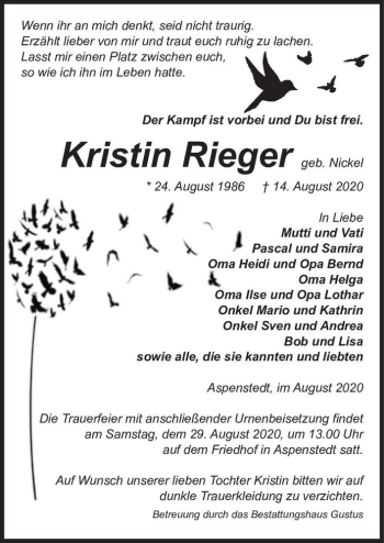 Traueranzeige von Kristin Rieger (geb. Nickel)  von Magdeburger Volksstimme