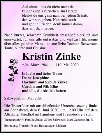 Traueranzeige von Kristin Zinke  von Magdeburger Volksstimme