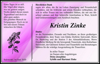 Traueranzeige von Kristin Zinke  von Magdeburger Volksstimme
