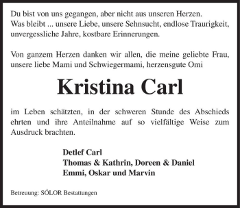 Traueranzeige von Kristina Carl  von Magdeburger Volksstimme