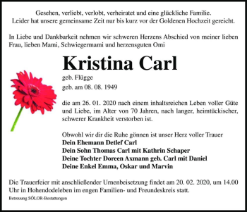 Traueranzeige von Kristina Carl (geb. Flügge)  von Magdeburger Volksstimme