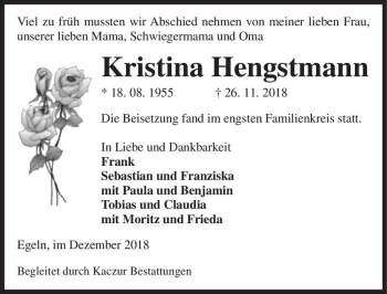 Traueranzeige von Kristina Hengstmann  von Magdeburger Volksstimme