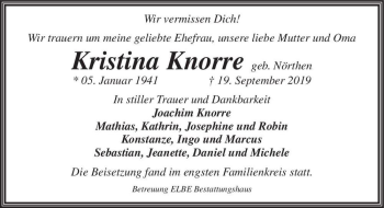Traueranzeige von Kristina Knorre (geb. Nörthen)  von Magdeburger Volksstimme