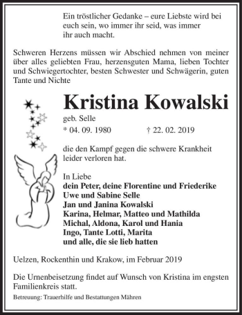 Traueranzeige von Kristina Kowalski (geb. Selle)  von Magdeburger Volksstimme