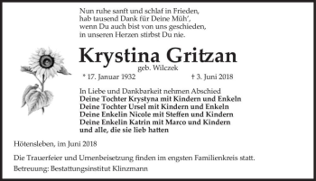 Traueranzeige von Krystina Gritzan (geb. Wilczek)  von Magdeburger Volksstimme