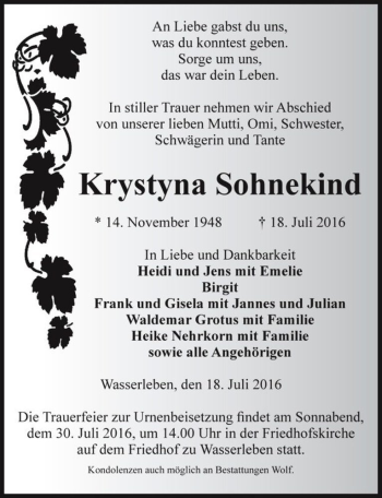 Traueranzeige von Krystyna Sohnekind  von Magdeburger Volksstimme