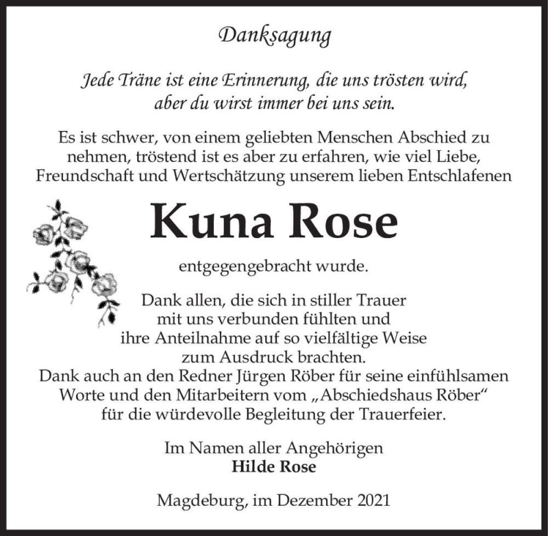  Traueranzeige für Kuna Rose  vom 04.12.2021 aus Magdeburger Volksstimme