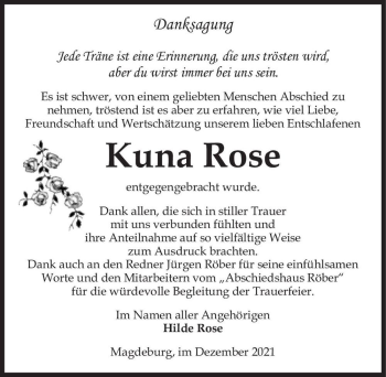 Traueranzeige von Kuna Rose  von Magdeburger Volksstimme