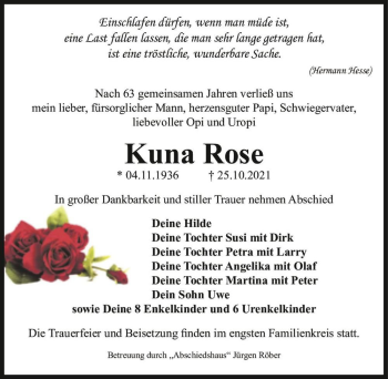 Traueranzeige von Kuna Rose  von Magdeburger Volksstimme