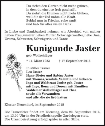 Traueranzeige von Kunigunde Jaster (geb. Wollschläger)  von Magdeburger Volksstimme