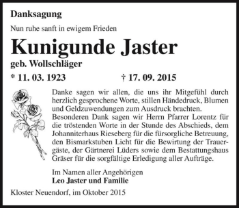 Traueranzeige von Kunigunde Jaster (geb. Wollschläger)  von Magdeburger Volksstimme