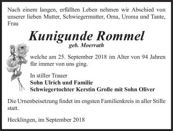 Traueranzeige von Kunigunde Rommel (geb. Moerrath)  von Magdeburger Volksstimme