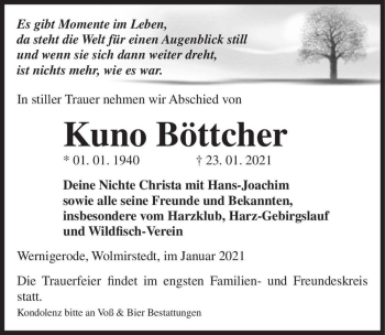 Traueranzeige von Kuno Böttcher  von Magdeburger Volksstimme
