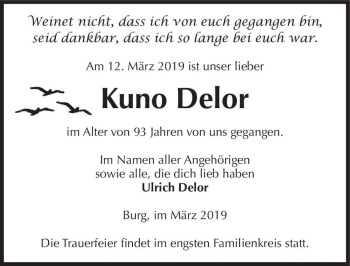 Traueranzeige von Kuno Delor  von Magdeburger Volksstimme