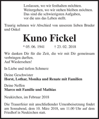 Traueranzeige von Kuno Fickel  von Magdeburger Volksstimme