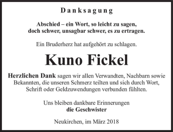 Traueranzeige von Kuno Fickel  von Magdeburger Volksstimme