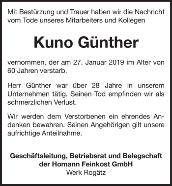 Traueranzeige von Kuno Günther  von Magdeburger Volksstimme