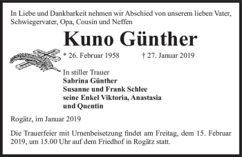 Traueranzeige von Kuno Günther  von Magdeburger Volksstimme