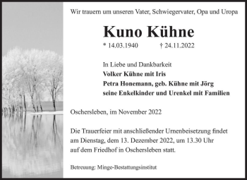 Traueranzeige von Kuno Kühne  von Magdeburger Volksstimme