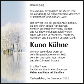 Traueranzeige von Kuno Kühne  von Magdeburger Volksstimme