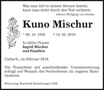 Traueranzeige von Kuno Mischur  von Magdeburger Volksstimme