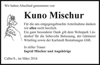 Traueranzeige von Kuno Mischur  von Magdeburger Volksstimme