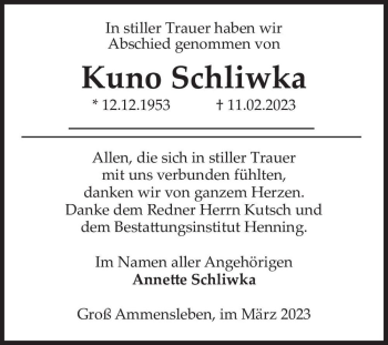 Traueranzeige von Kuno Schliwka  von Magdeburger Volksstimme