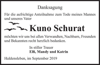 Traueranzeige von Kuno Schurat  von Magdeburger Volksstimme