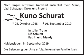 Traueranzeige von Kuno Schurat  von Magdeburger Volksstimme