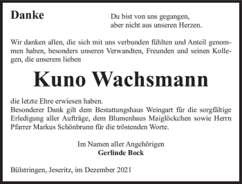 Traueranzeige von Kuno Wachsmann  von Magdeburger Volksstimme