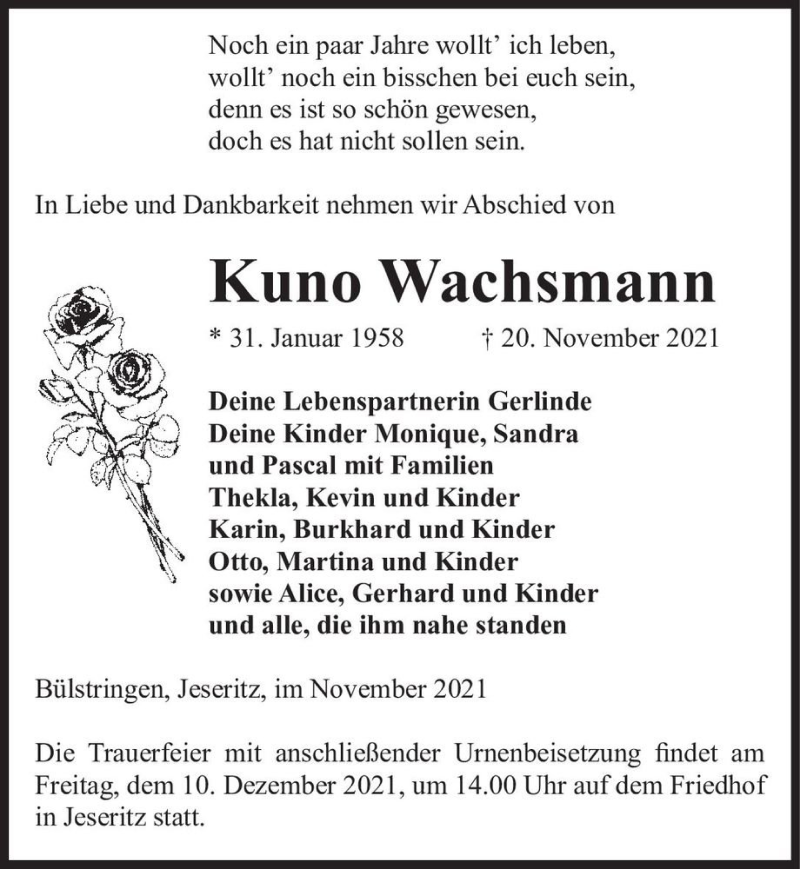  Traueranzeige für Kuno Wachsmann  vom 27.11.2021 aus Magdeburger Volksstimme