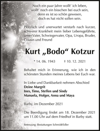Traueranzeige von Kurt ,,Bodo