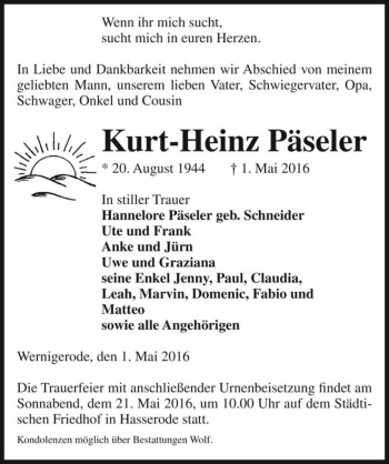 Traueranzeige von Kurt-Heinz Päseler  von Magdeburger Volksstimme