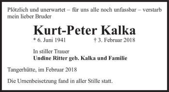 Traueranzeige von Kurt-Peter Kalka  von Magdeburger Volksstimme